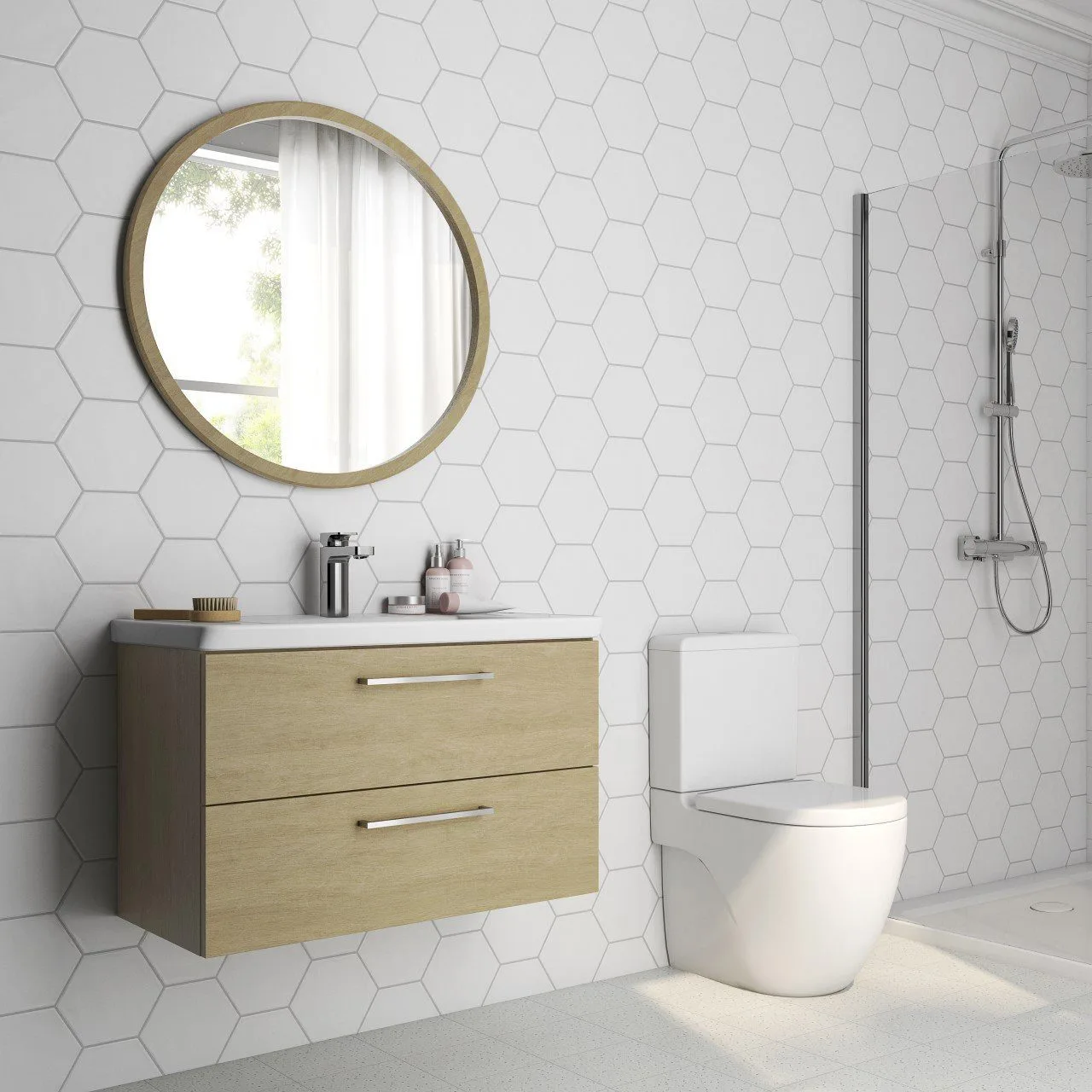 Hive Series: white hexagonal tiles on bathroom walls beside a vanity and shower