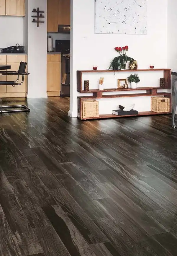 Entryway with dark plank flooring and a wooden console table
