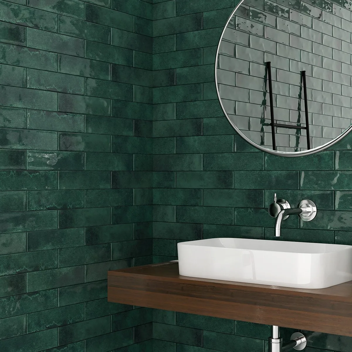 Porcelain Collection: green rectangular wall tiles behind a basin and round mirror