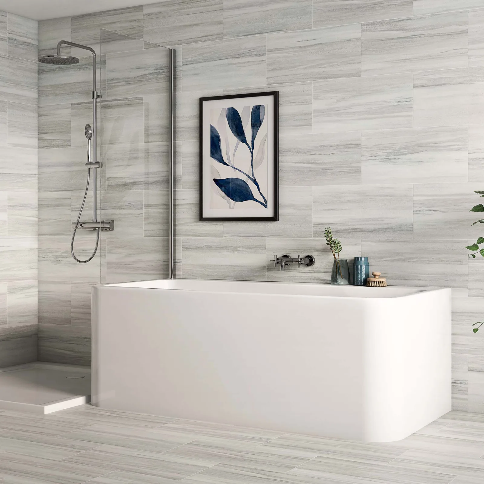 Bathroom with gray striated wall and floor tiles and a freestanding bath
