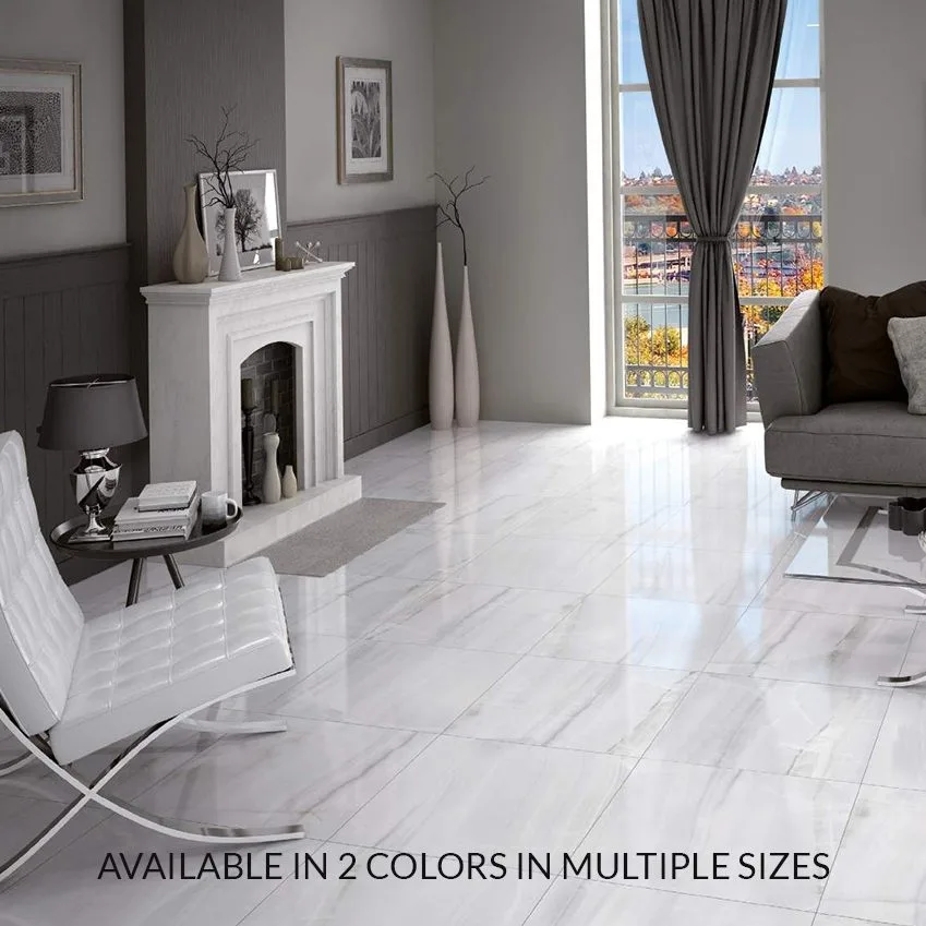 Evoke Collection: pale veined floor tiles in a living room with a fireplace